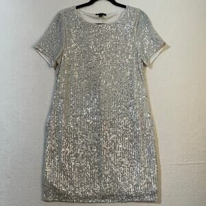 MSK Silver Shimmering Sequin Embellished Short Sleeve Shift Dress Size Medium